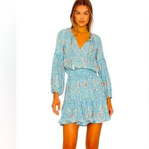NATALIE MARTIN Maggie Dress Light Blue Smocked Waist Long Sleeve 100% Silk Dress